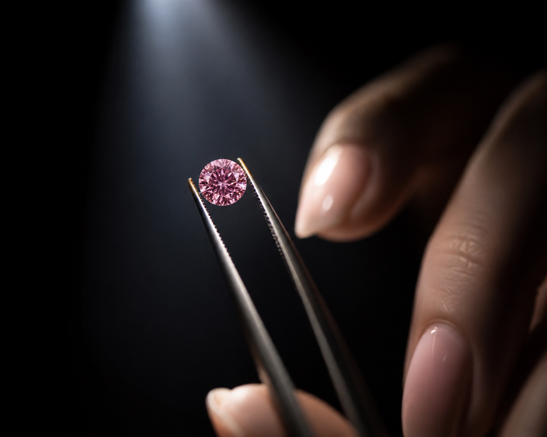 A pink diamond held under a spotlight