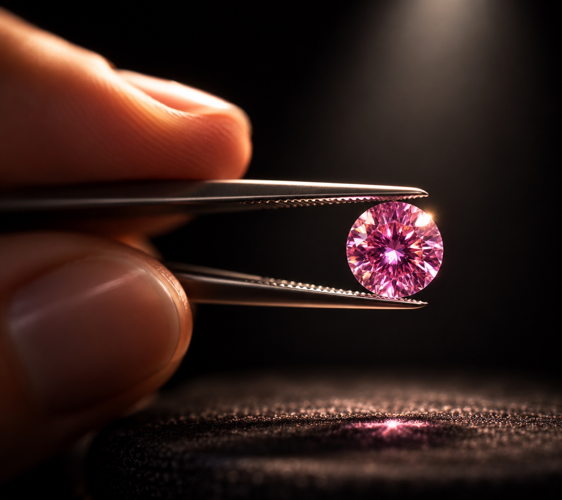 An Argyle pink diamond examined under a spotlight